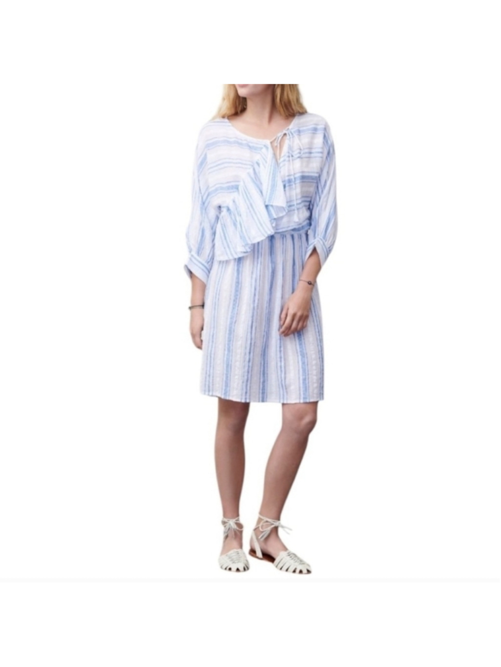 Antik Batik Cotton Mini Blue and White Striped Dress
